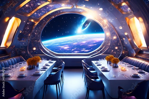 futuristic hard surface interior design of spaceship dining room, generative art by A.I.
