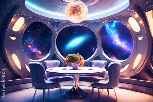 futuristic hard surface interior design of spaceship dining room, generative art by A.I. © Flash