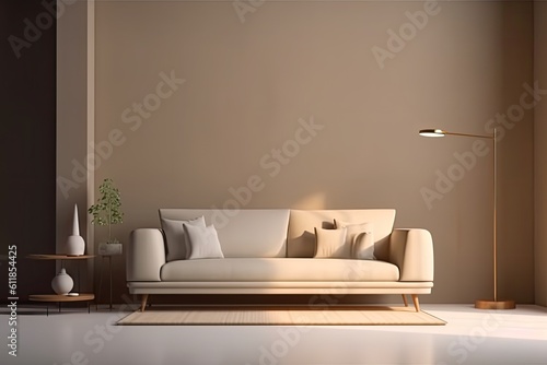 a stylish room carefully furnished interior design view on a sofa a blank canvas in the center of the wall volumetric lighting