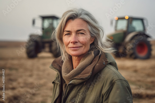 Illustration of mature woman working on field as farmer