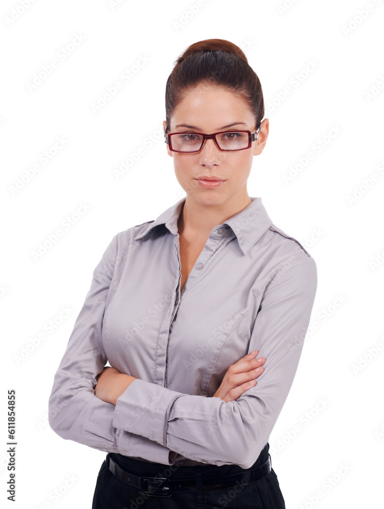 Serious portrait, arms crossed and business woman for professional, expert legal work or pride of law firm or job. Justice, studio attorney or confident female lawyer isolated on white background Serious portrait, arms crossed and business woman for professional, expert legal work or pride of law firm or job. Justice, studio attorney or confident female lawyer isolated on white background