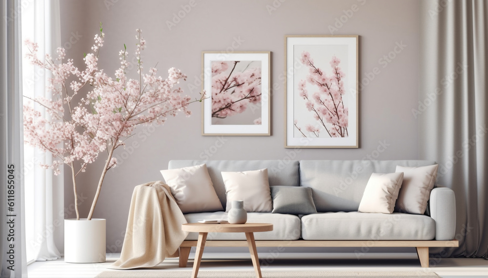 Modern Spring Scandinavian Living Room Interior, Wooden picture frame, Poster Mockup. Sofa with linen pale pink striped cushions, Cherry Plum blossoms in a vase, Elegant stylish minimal home decor, Modern Spring Scandinavian Living Room Interior, Wooden picture frame, Poster Mockup. Sofa with linen pale pink striped cushions, Cherry Plum blossoms in a vase, Elegant stylish minimal home decor,