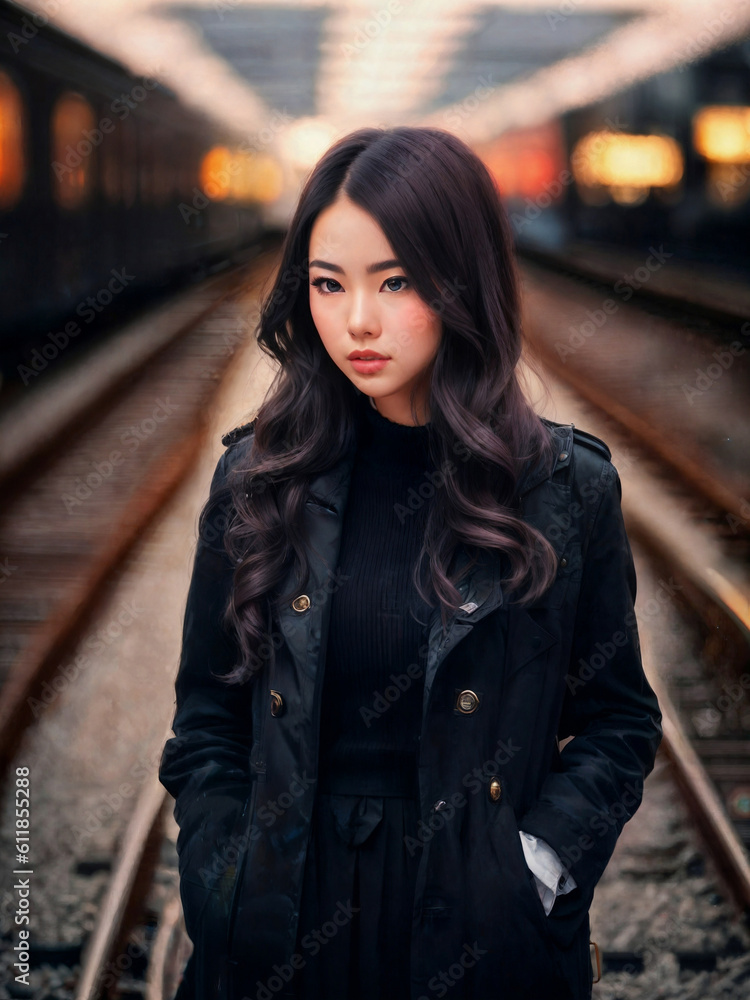 beautiful asian woman at hi speed train station, generative AI