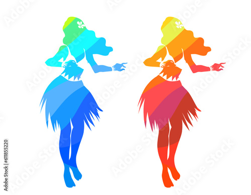 フラダンスを踊る女性のシルエットイラスト　カラフル