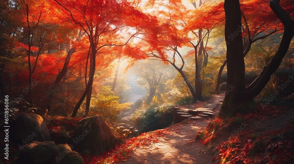 木々が紅葉する山道の風景　Generative AI