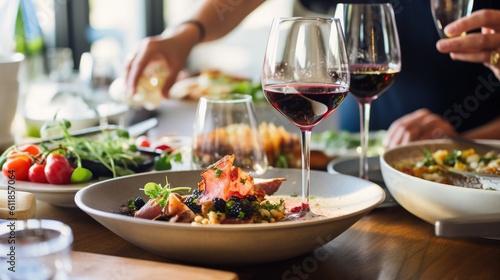 Fotografia a table topped with plates of food and glasses of wine next to a bowl of salad and a glass of wine on top of a table