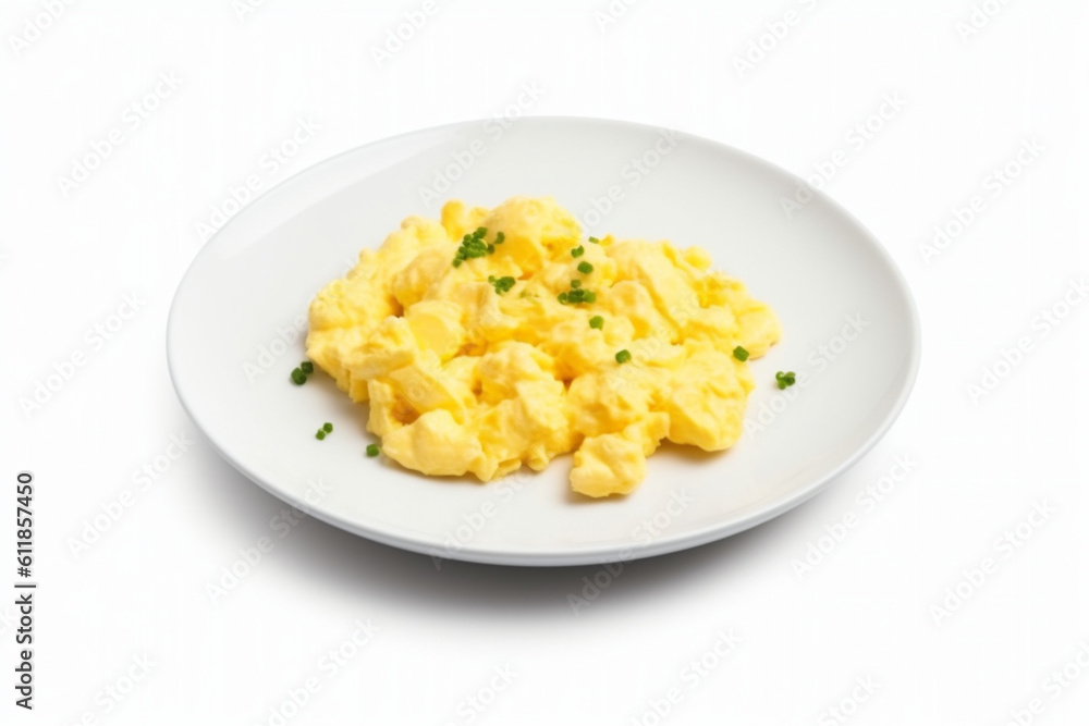Scrambled eggs on plate isolated on white background, Top view