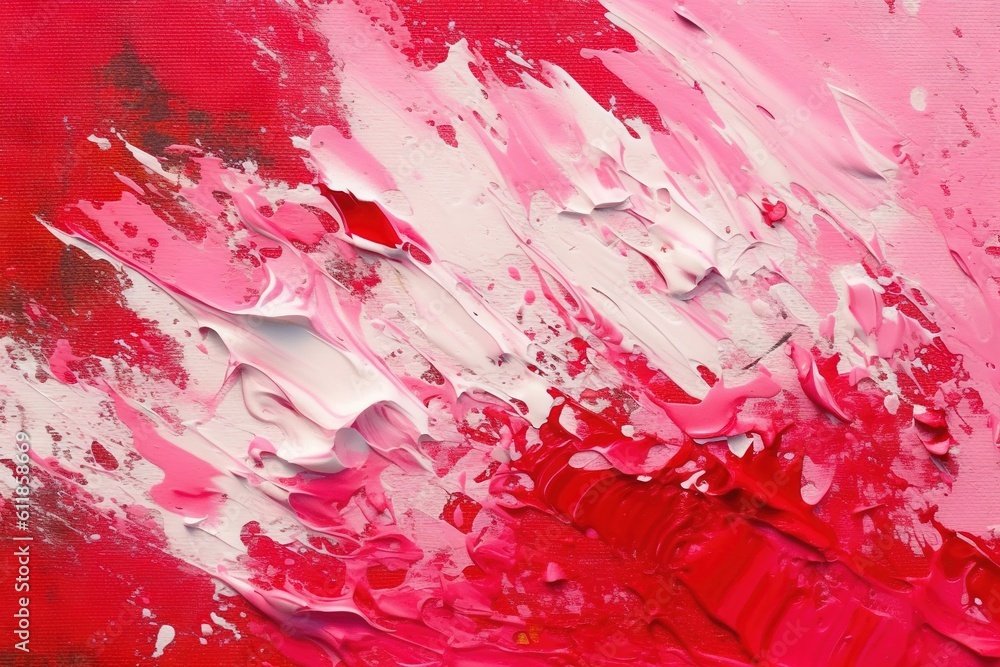 an abstract painting of pink and white paint on a red background with ...