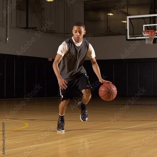 Basketball player dribbles on basketball court