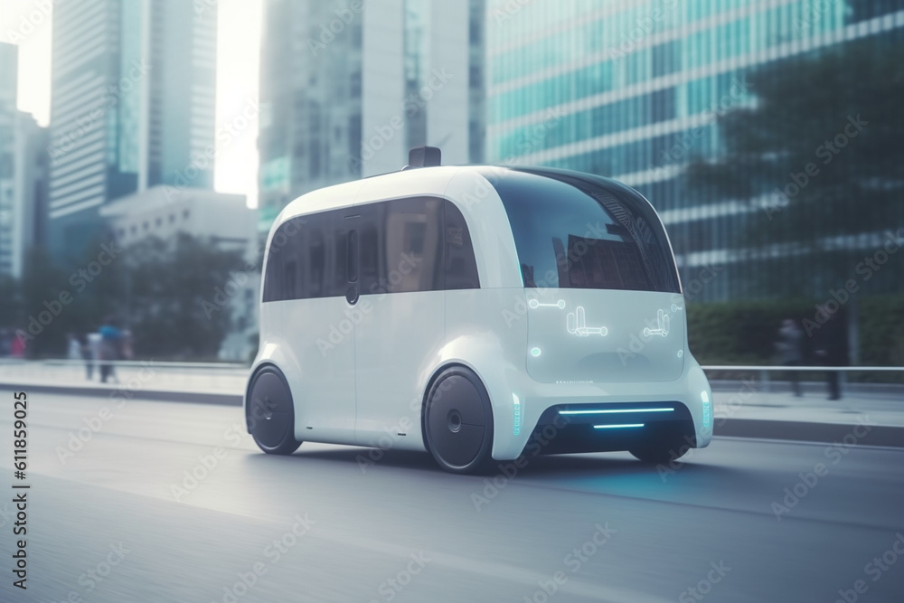 Shot of a Futuristic Self-Driving Van Moving on a Public Highway in a Modern City with Glass Skyscrapers