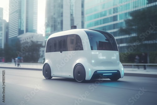 Shot of a Futuristic Self-Driving Van Moving on a Public Highway in a Modern City with Glass Skyscrapers