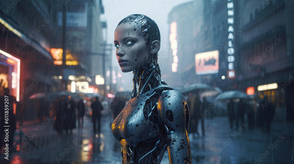 Cyborg woman on the street, future concept of a humanoid robot, generative ai Cyborg woman on the street, future concept of a humanoid robot, generative ai