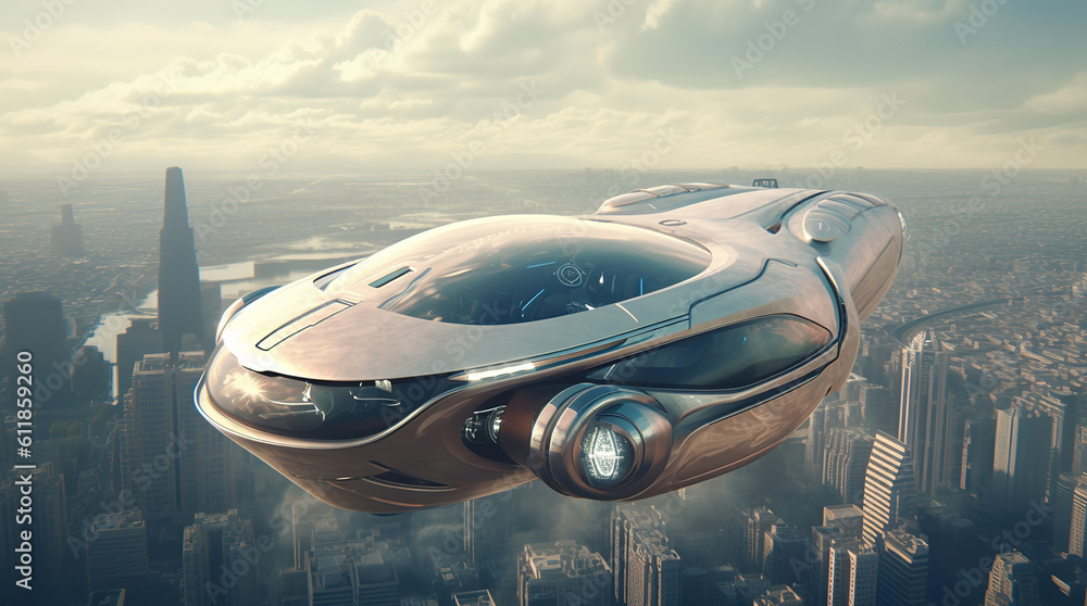 Flying car in the future above the city, generative ai