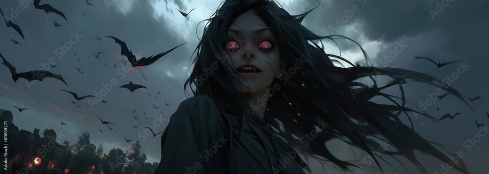 Animation Style Female Vampire With Long Black Hair and Glowing Red ...