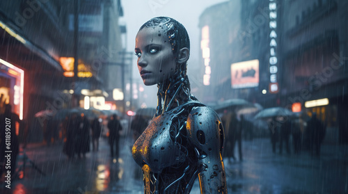 Cyborg woman on the street, future concept of a humanoid robot, generative ai