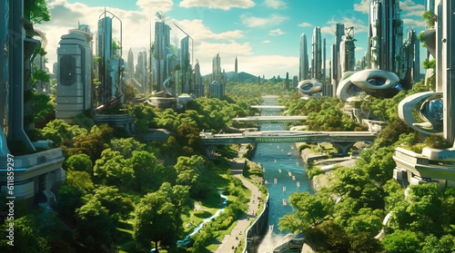 Future city concept with many green areas, bridges, a river and tall buildings, generative ai