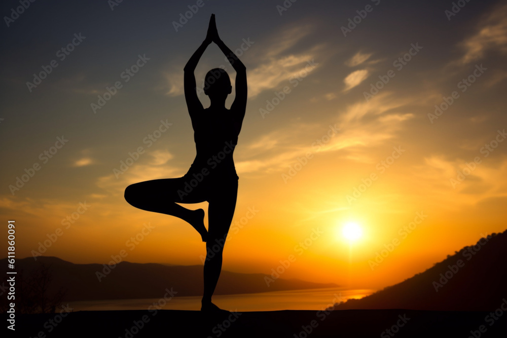 Silhouette of a woman doing yoga with sunset