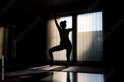 Silhouette of a woman doing yoga at home embodiment and awareness through movement