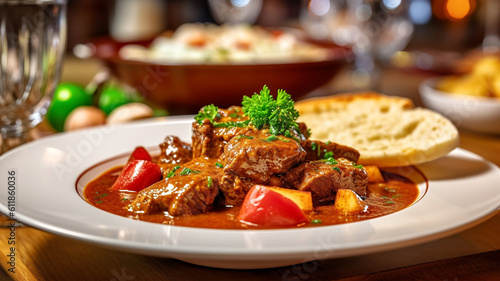 Traditional beef goulash with sauce and potatoes on restaurant background, healthy eating, Austrian cuisine, restaurant menu