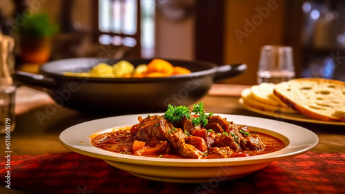 Traditional beef goulash with sauce and potatoes, healthy eating, Austrian cuisine