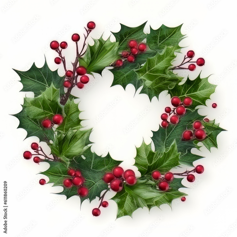 Floral circle frame Holly leaves isolated on white background, Generative AI Floral circle frame Holly leaves isolated on white background, Generative AI