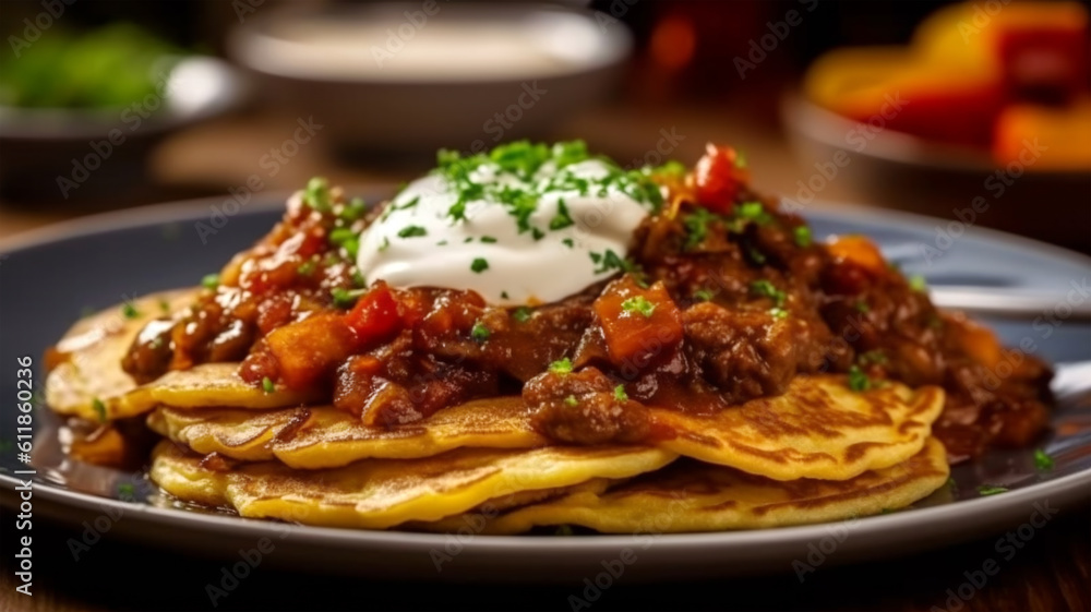Traditional beef goulash with sauce and potatoes with pancakes and cream, healthy eating, Austrian cuisine Traditional beef goulash with sauce and potatoes with pancakes and cream, healthy eating, Austrian cuisine