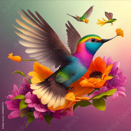 colorfull birds flying with flower