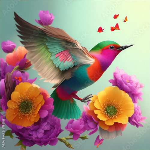 colorfull birds flying with flower