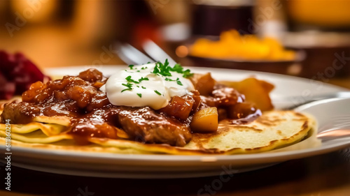 Traditional beef goulash with sauce and potatoes, healthy eating, Austrian cuisine, restaurant menu