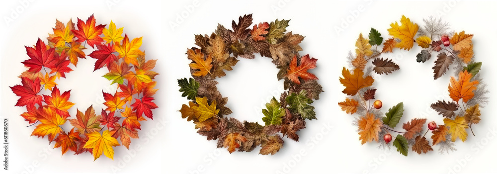 Collection of floral circle frame Maple and oak leaves isolated on white background, Generative AI Collection of floral circle frame Maple and oak leaves isolated on white background, Generative AI