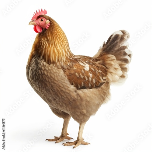 Full body of brown chicken hen standing isolated on white, Generative AI