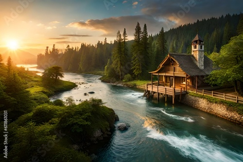 a beautiful wooden hut besides the river