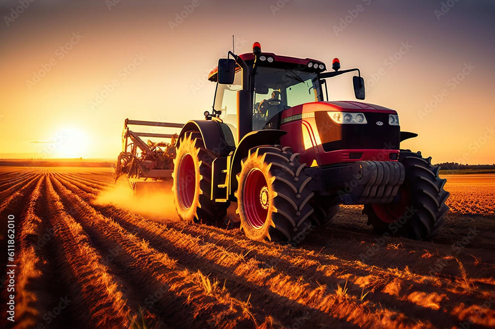 Sunset Harvest Modern Tractor and Agricultural Machinery Working in the Field. created with Generative AI Sunset Harvest Modern Tractor and Agricultural Machinery Working in the Field. created with Generative AI