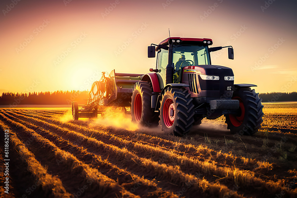 Fototapeta premium Sunset Harvest Modern Tractor and Agricultural Machinery Working in the Field. created with Generative AI