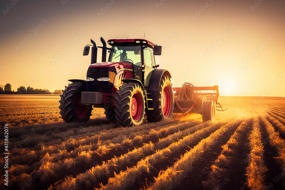 Obraz premium Sunset Harvest Modern Tractor and Agricultural Machinery Working in the Field. created with Generative AI