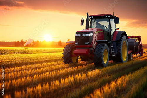 Sunset Harvest Modern Tractor and Agricultural Machinery Working in the Field. created with Generative AI