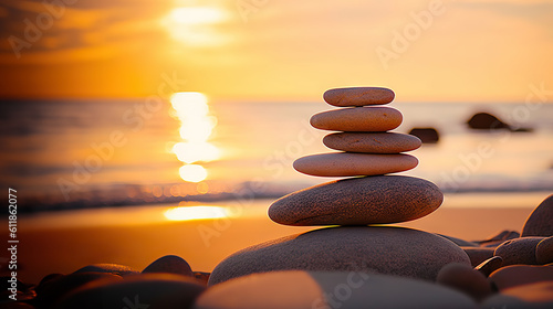 Tranquil Harmony Serene Sunrise with a Stack of Pebbles on the Beach  Symbolizing Life Balance and Peaceful Mind. created with Generative AI