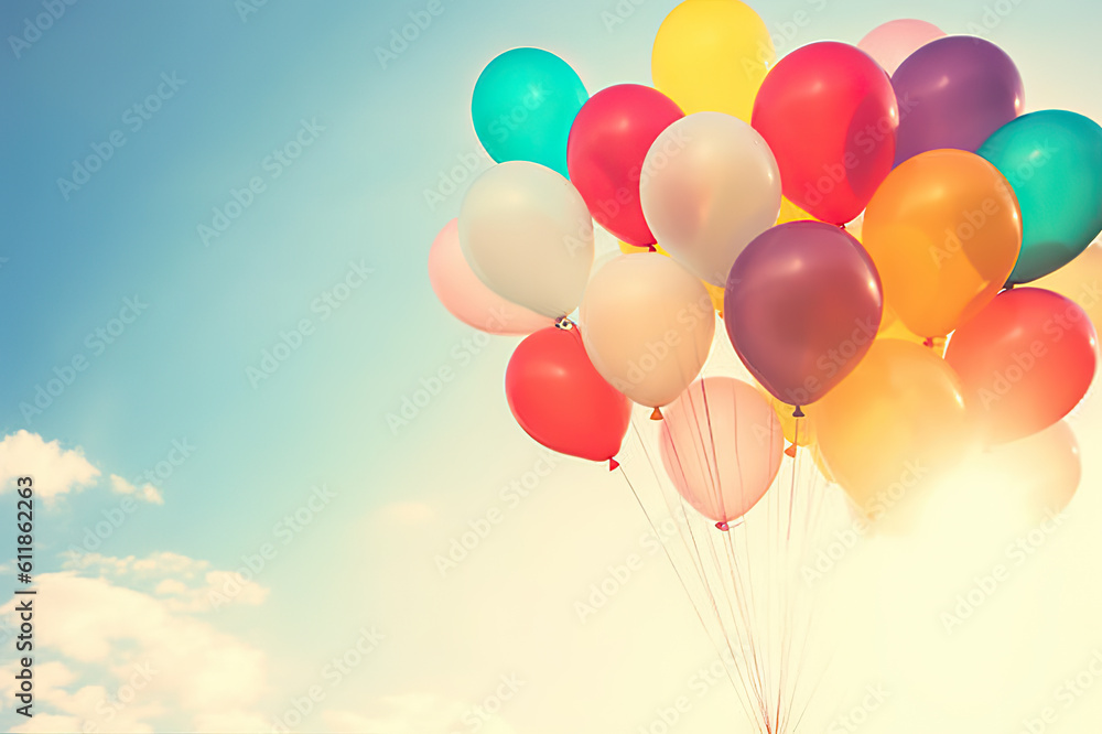Vintage Summer Celebration Multicolor Balloons with Retro Instagram Filter Effect for Happy Birthdays, Weddings, and Honeymoon Parties. created with Generative AI