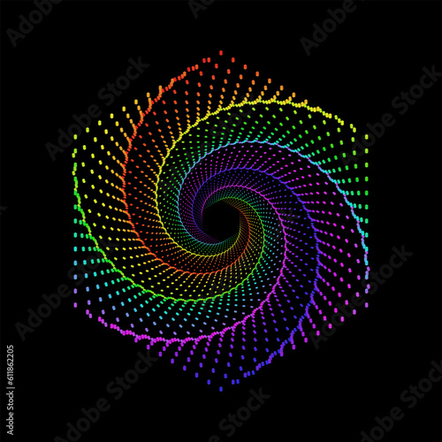 Colorful halftone dots spiral vortex hexagon. Hexagonal dotted swirl pattern logo vector illustration.