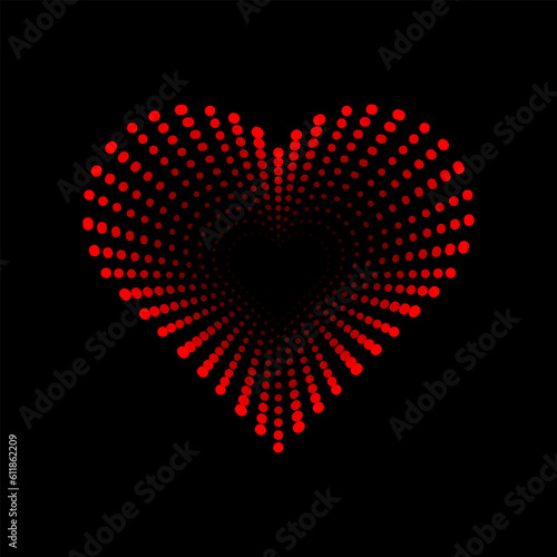 Hollow red dotted heart isolated on black background. Black hole dots forming love symbol hearts for valentine's day. 3d impossible heart.