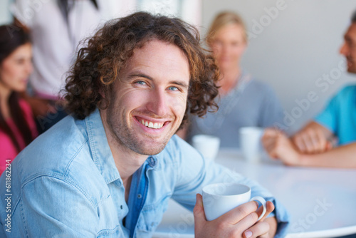Portrait, business and man with staff, lunch and smile with coffee, happiness and teamwork. Face, male person and employee with group, break and conversation with coworkers, consultant and agent