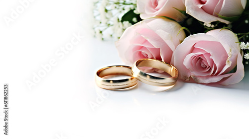 Eternal Love Pink Flowers and Two Golden Wedding Rings on a White Background. created with Generative AI
