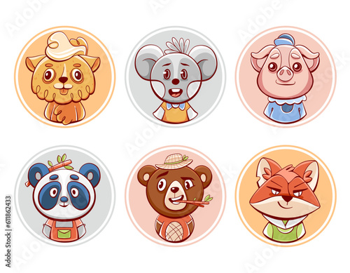 Set of vector icons and avatars with cute animals: pig, panda, bear, mouse, fox and ram in cartoon comic style.