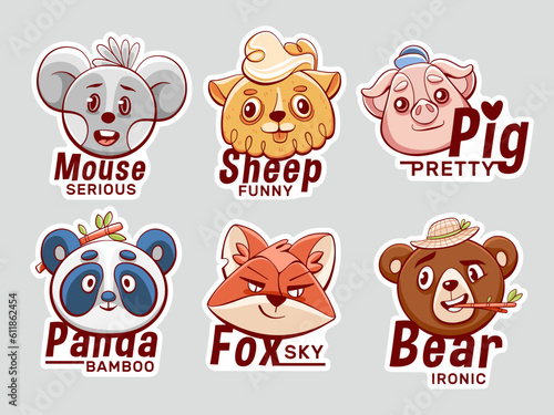 Vector stickers with cute animals: mouse, pig, panda, bear, fox and sheep in cartoon style.