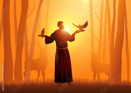 Saint Francis of Assisi with animals in the woods photo