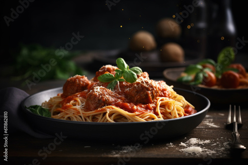 Spaghetty pasta with meatballs and tomato sauce selective focus