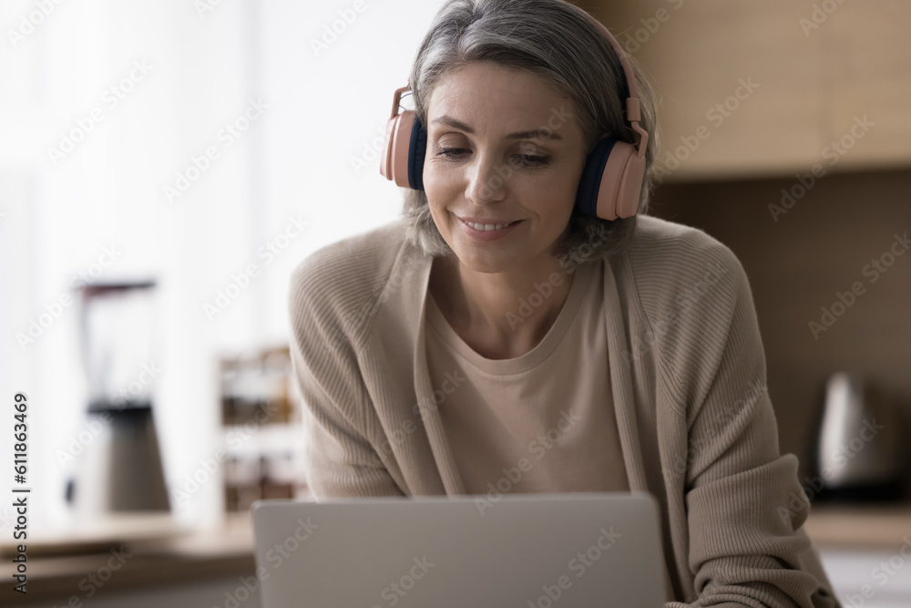 Happy mature student woman in pink wireless headphones watching learning video lesson, webinar on laptop, sitting at kitchen table, listening to audio class, enjoying leisure, internet technology Happy mature student woman in pink wireless headphones watching learning video lesson, webinar on laptop, sitting at kitchen table, listening to audio class, enjoying leisure, internet technology