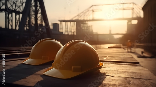 Close up of white safety helmet with sunset background, Helmet in construction site after work during the sunset, Safety and Engineering Concept - generative ai