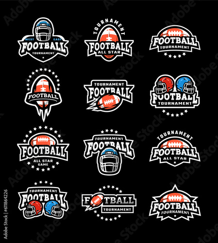 American football game logo set on a dark background. Vector illustration.