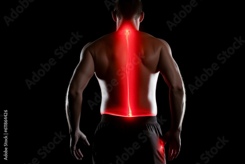 Studio shot of an athlete with an injury highlighted in glowing red rear view